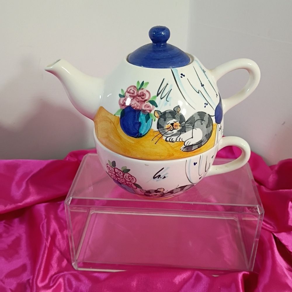 Tea For One Stacking Tea Set by Barrarte Floral cat Teapot Cup Saucer .